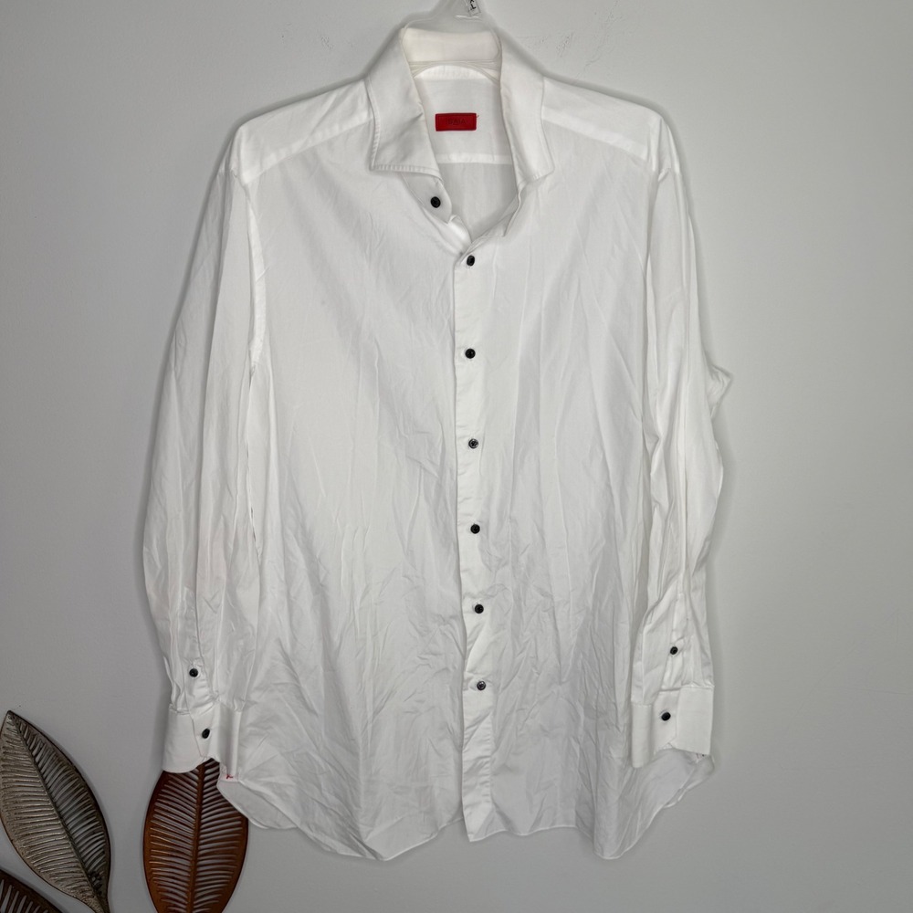 Isaia Napoli Mens White Cotton Dress Shirt Spread Collar Made in Italy Size 44